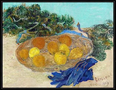 Натюрморт с апельсинами и лимонами в синих перчатках