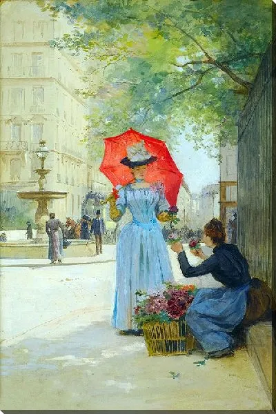 Картина Молодая женщина с зонтиком покупает цветы