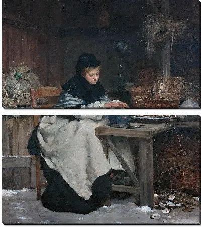 Картина Женщина сидит за столом и греет руки после открытия устриц