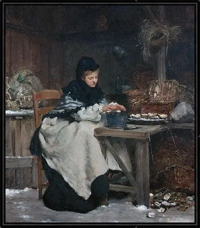 Женщина сидит за столом и греет руки после открытия устриц