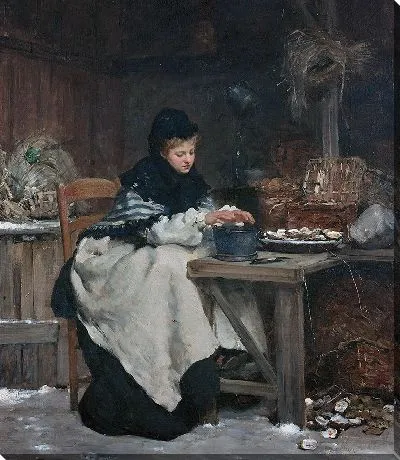 Женщина сидит за столом и греет руки после открытия устриц