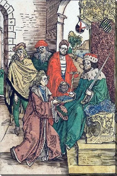 Картина Конрад Селтис предлагает Фридриху III Мудрому, курфюрсту Саксонскому, книгу творчества Розвиты Гандерсхаймской.