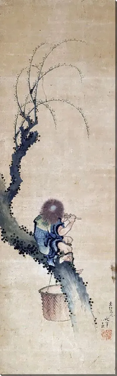 Картина Мальчик сидит на стволе дерева и играет на флейте