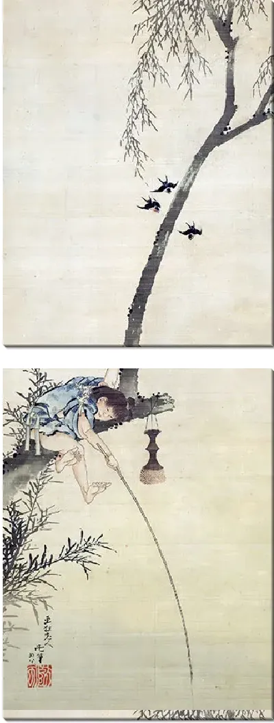 Картина Мальчик ловит рыбу с ветки дерева