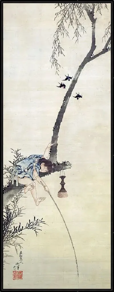 Картина Мальчик ловит рыбу с ветки дерева