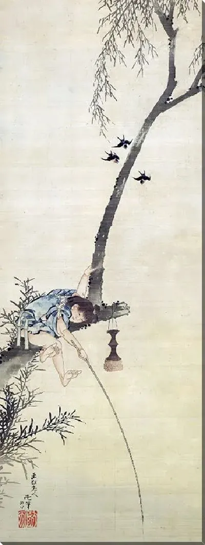 Картина Мальчик ловит рыбу с ветки дерева