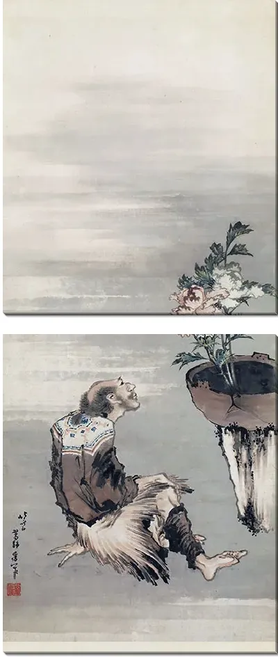 Картина Сидящий мужчина смотрит на пионы в горшках