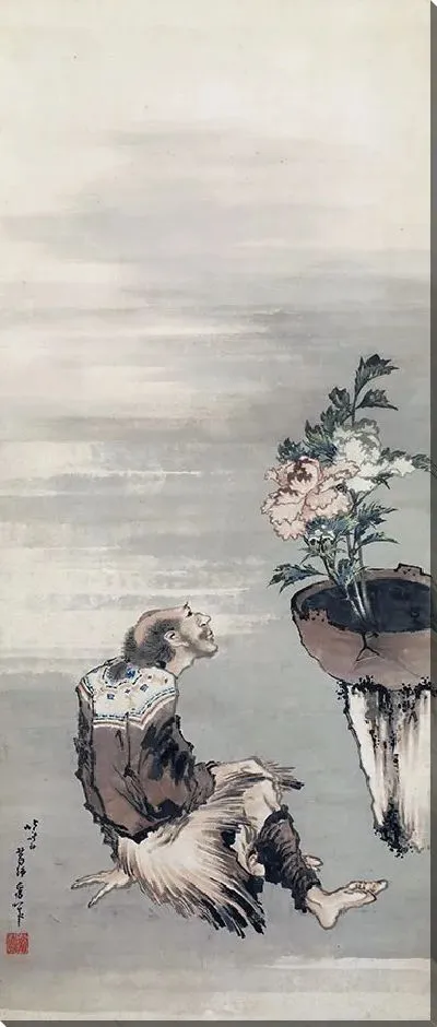 Картина Сидящий мужчина смотрит на пионы в горшках