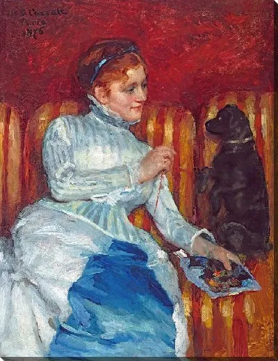 Картина Женщина на полосатом диване с собакой