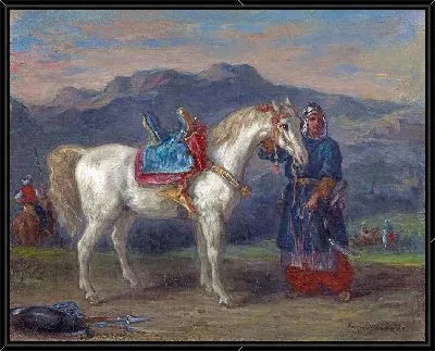 Черкес держит лошадь под уздцы