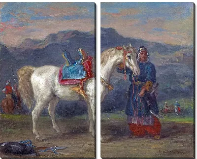 Черкес держит лошадь под уздцы