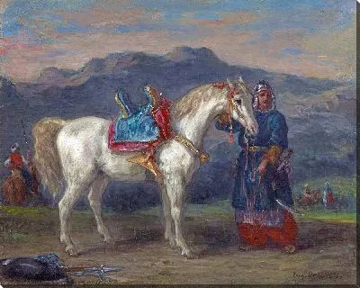 Черкес держит лошадь под уздцы