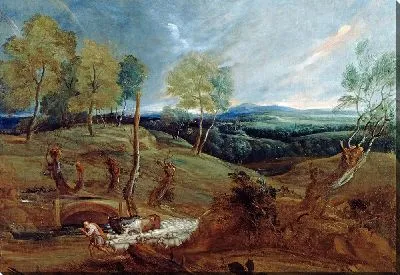 Картина Пейзаж на закате с пастухом и его стадом