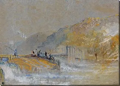 Картина Пейзаж реки Фол Богом с рыбаками, ловящими рыбу с плотины