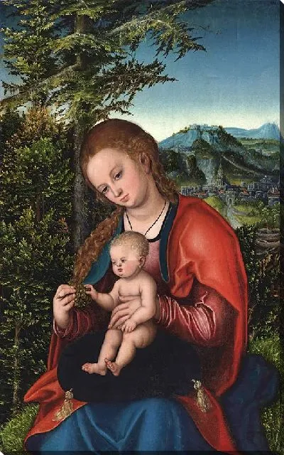 Картина Мадонна с младенцем на фоне пейзажа