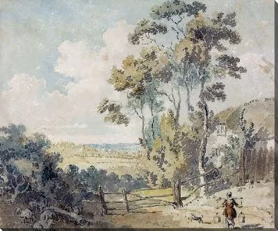 Картина Доярка и собака на фоне пейзажа