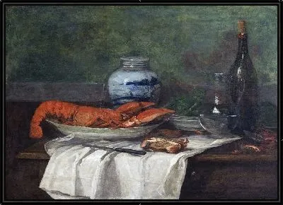 Натюрморт с лобстером на белой скатерти