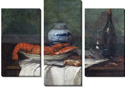 Натюрморт с лобстером на белой скатерти