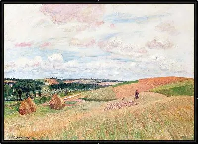Картина Кото де Тьервиль, стога сена, пастух и стадо (1897)