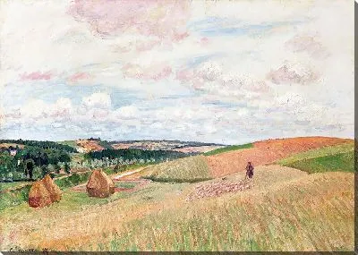 Картина Кото де Тьервиль, стога сена, пастух и стадо (1897)