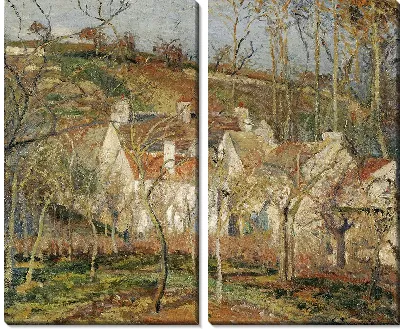 Красные крыши, угол деревни, зима.