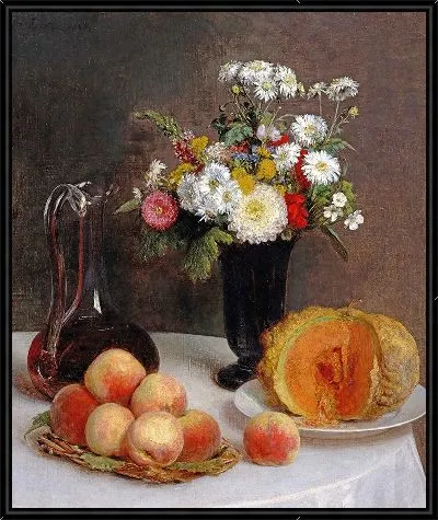 Натюрморт с графином, цветами и фруктами
