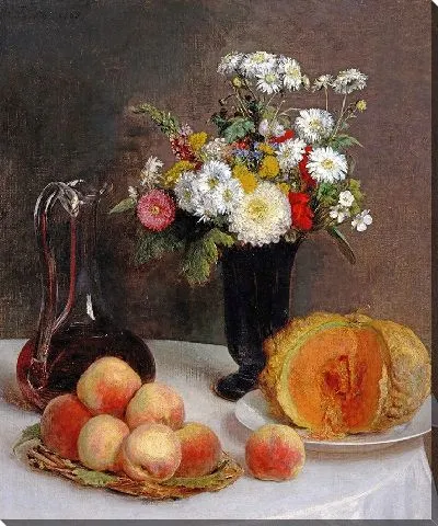 Натюрморт с графином, цветами и фруктами