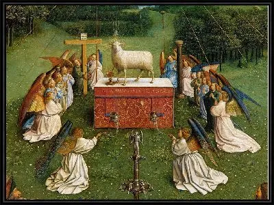 Гентский алтарь «Поклонение мистическому Агнцу», фрагмент Агнца с коленопреклоненными ангелами