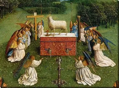 Гентский алтарь «Поклонение мистическому Агнцу», фрагмент Агнца с коленопреклоненными ангелами