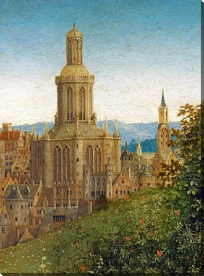 Картина Гентский алтарь «Поклонение мистическому агнцу», фрагмент церкви на заднем плане