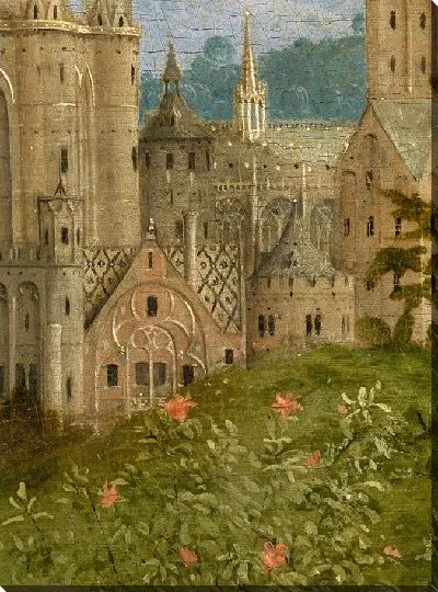 Картина Гентский алтарь «Поклонение мистическому агнцу», фрагмент городских зданий на заднем плане-2