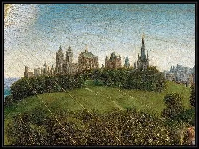 Гентский алтарь «Поклонение мистическому агнцу», фрагмент зданий на заднем плане-3