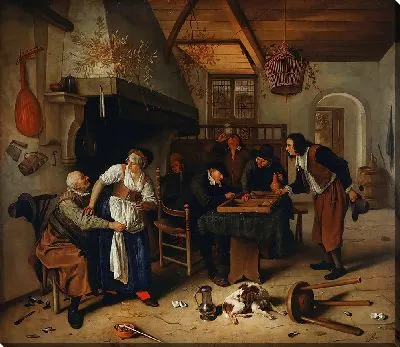 Картина Интерьер гостиницы со стариком, развлекающимся с хозяйкой, и двумя мужчинами, играющими в нарды, известные как «Два вида игр».