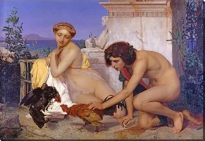 Молодые греки посещают петушиные бои