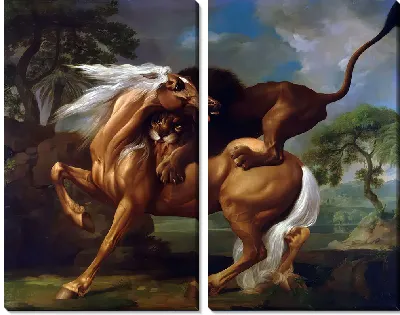 Лев нападает на лошадь