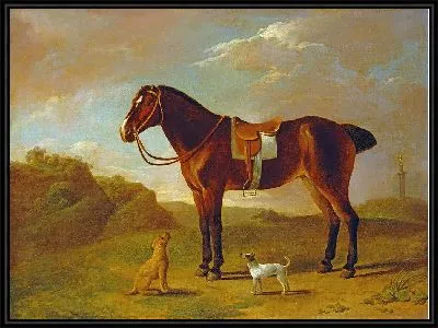 Картина Гнедой пони с двумя терьерами в парке в Гибсайде