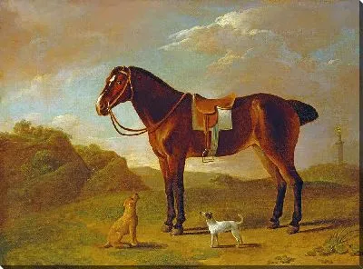 Картина Гнедой пони с двумя терьерами в парке в Гибсайде