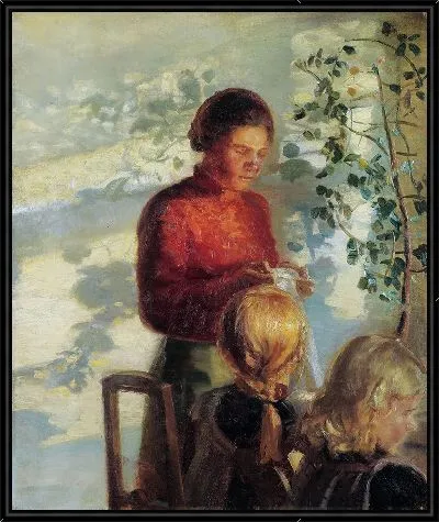 Двух маленьких девочек учат шитью