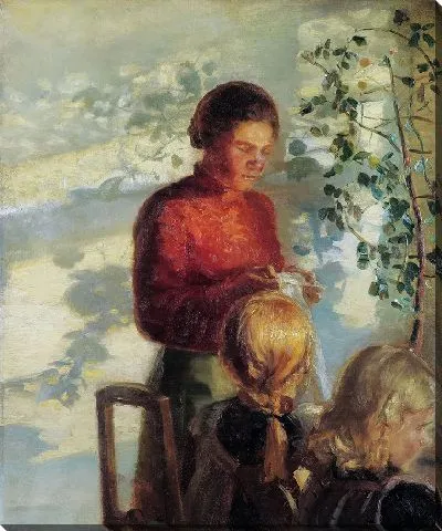 Картина Двух маленьких девочек учат шитью