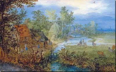 Картина Деревенская сцена с фигурами и коровами