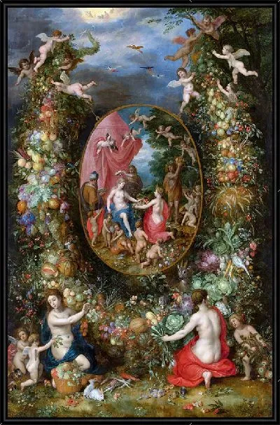 Картина Гирлянда из фруктов, окружающая изображение Кибелы, получающей дары от олицетворений четырех времен года.