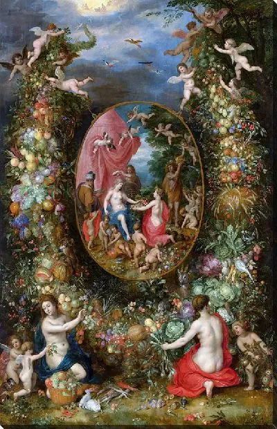 Картина Гирлянда из фруктов, окружающая изображение Кибелы, получающей дары от олицетворений четырех времен года.