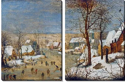 Зимний пейзаж с конькобежцами и ловушкой для птиц