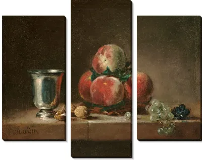 Картина Натюрморт с персиками, серебряным кубком, виноградом и грецкими орехами