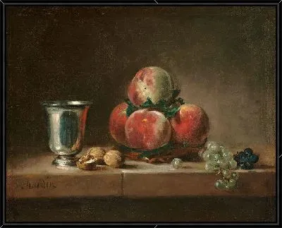 Натюрморт с персиками, серебряным кубком, виноградом и грецкими орехами