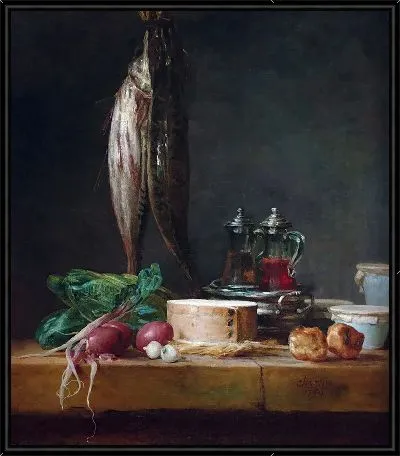 Натюрморт с рыбой, овощами, гужерами, горшками и графинами на столе