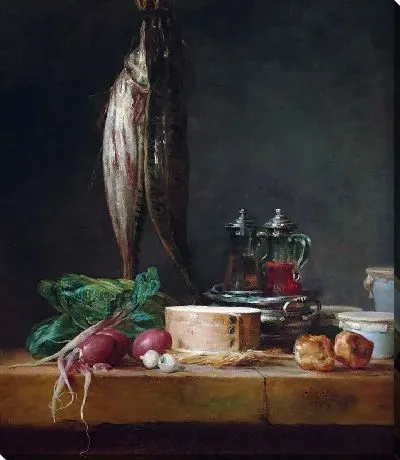 Натюрморт с рыбой, овощами, гужерами, горшками и графинами на столе