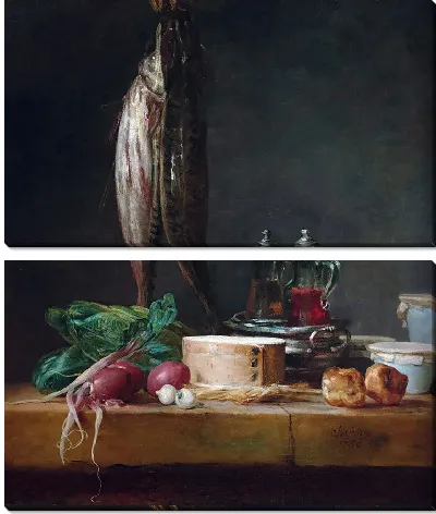 Натюрморт с рыбой, овощами, гужерами, горшками и графинами на столе