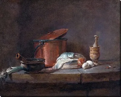 Картина Кухонная утварь с луком-пореем, рыбой и яйцами