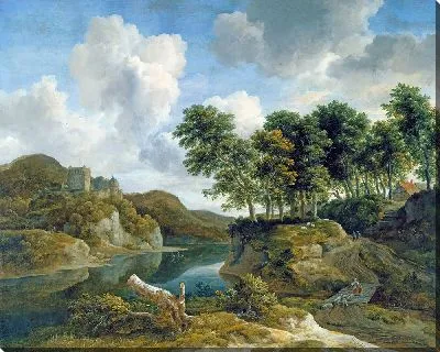 Картина Речной пейзаж с замком на высокой скале